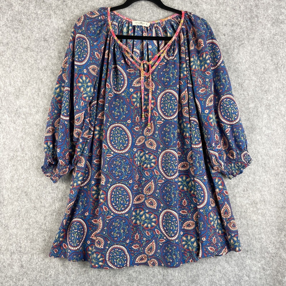 Natural Life Mini Dress Womens Medium Paisley Blue Lightweight Boho Cottage